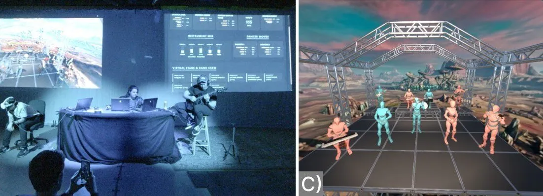 The mixed reality stage with virtual musicians and dancers configured by the audience.