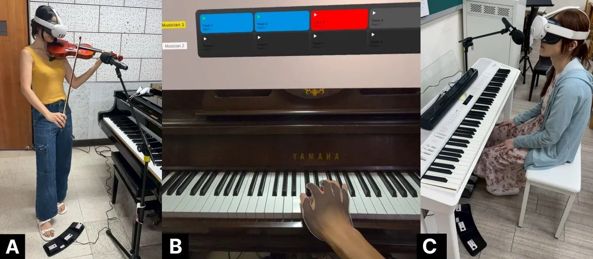 (A) A violinist recording with a foot pedal; (B) the spatial track panel overlaid on a piano; (C) a second player at a remote keyboard.