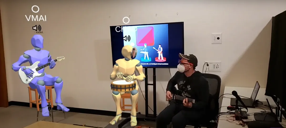 A guitarist jamming with an AI-driven virtual guitarist and a remote drummer.