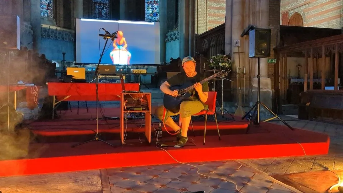 Performing at an algorave in St Mary’s Church, Brighton, UK.