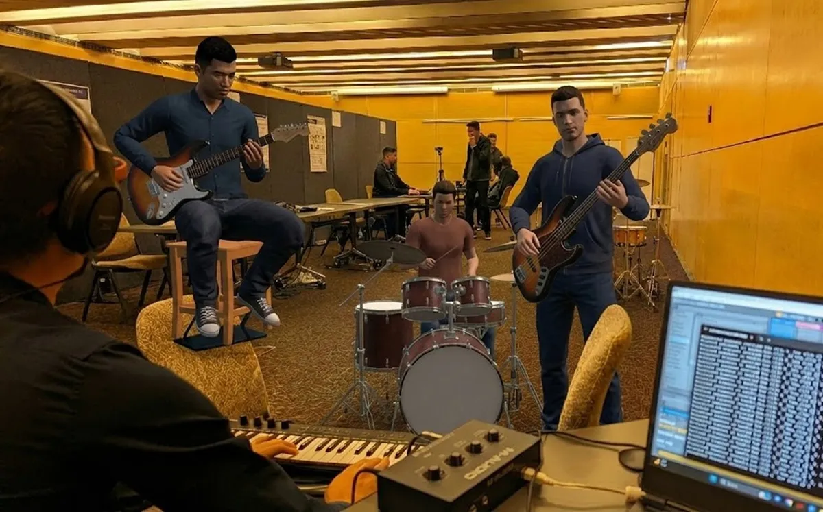 Musicians playing with virtual bandmates.